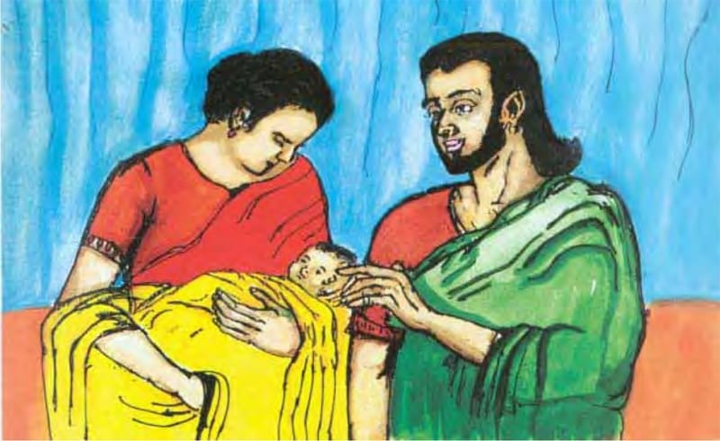 Bhaggavā và Mantani trải qua những giây phút vui sướng bên cháu Ahimsaka