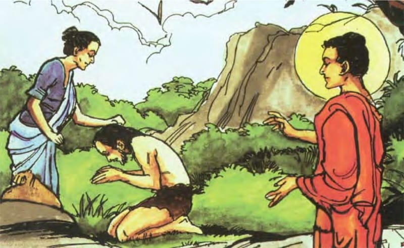 Angulimāla cúi lạy mẹ của mình trước khi đến tu viện Jetvana