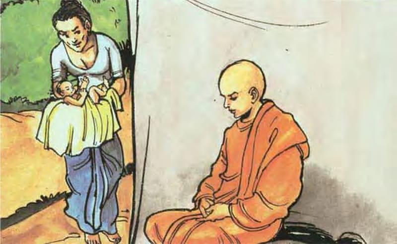 Người mẹ của phụ nữ vừa sanh bế cháu bé đến để Tôn giả Angulimāla chúc phúc